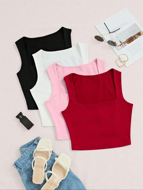 Women's Solid Color Square Neck Crop Tank Top, Casual Sleeveless Cropped Top for Summer, Ladies Clothes for Daily Wear