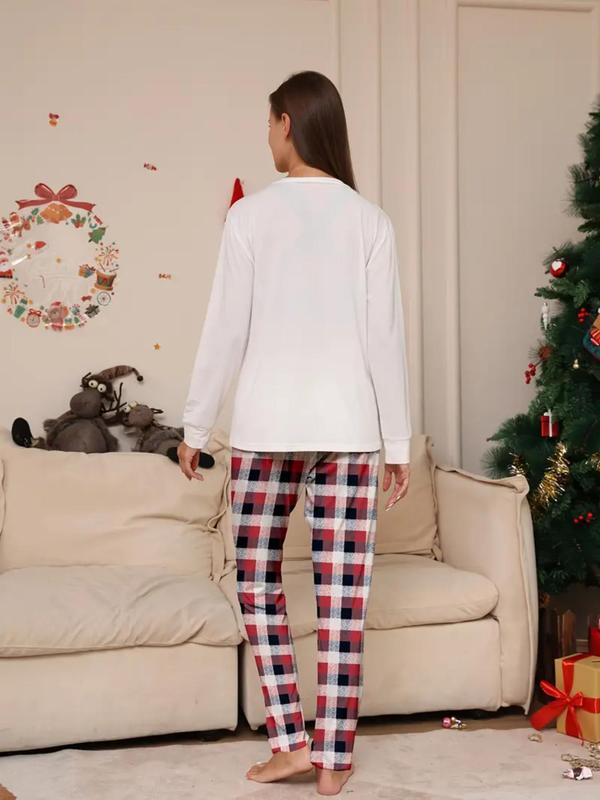 Christmas Themed Couple Pyjama Set, Casual Comfy Cartoon Print Long Sleeve Top & Plaid Print Pants Pajama Set, Couple Sleepwear for Spring & Fall