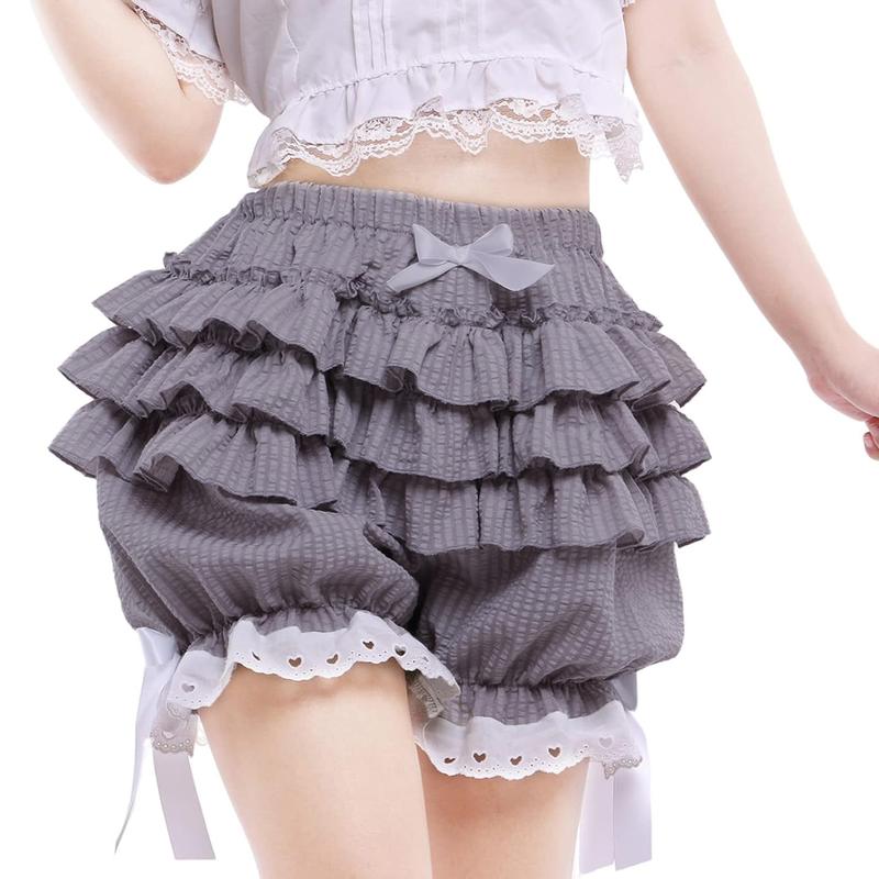 Women's Fashion Bloomers Shorts Lace Trim Layered Ruffle Bowknot Elastic Waist Short Pants Summer Casual Shorts