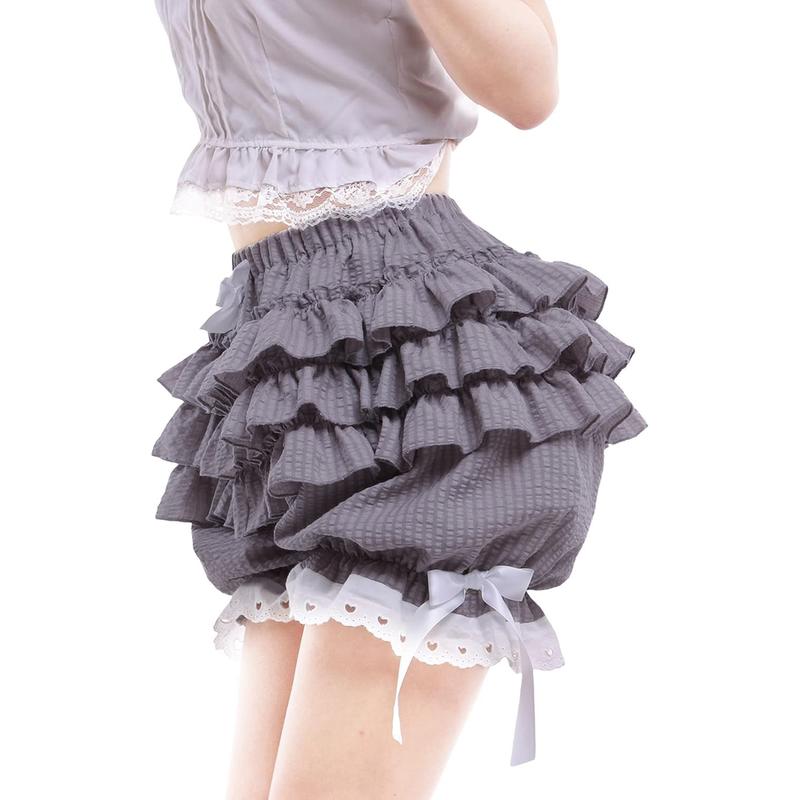 Women's Fashion Bloomers Shorts Lace Trim Layered Ruffle Bowknot Elastic Waist Short Pants Summer Casual Shorts