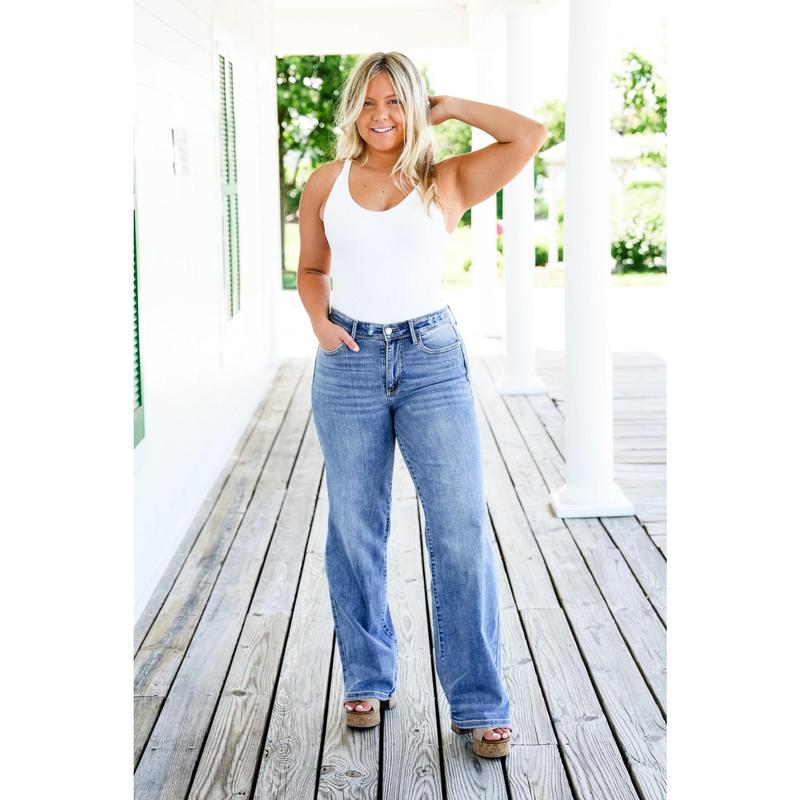 Judy Blue All I Ever Needed Mid Rise Vintage Wash Wide Leg Jeans