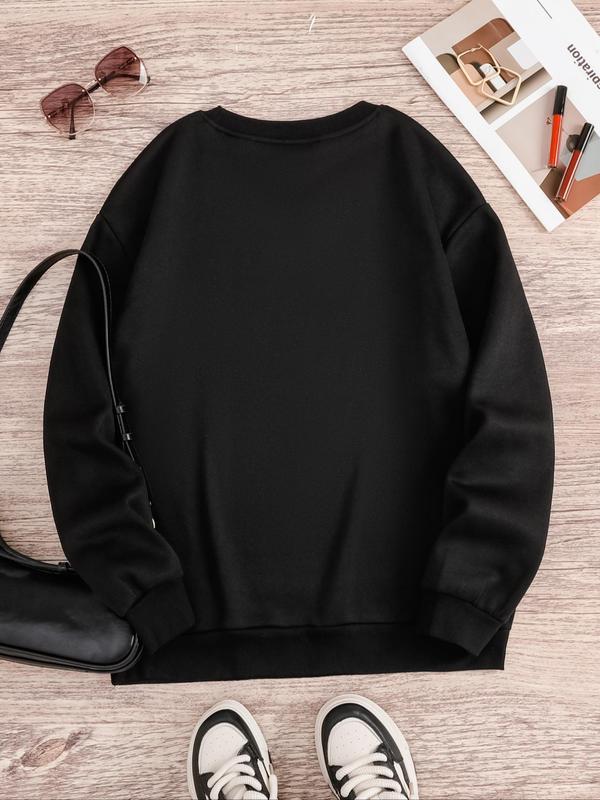 Women's Bow Print Drop Shoulder Sweatshirt, Casual Long Sleeve Crew Neck Pullover for Fall & Winter, Women's Clothes for Daily Wear