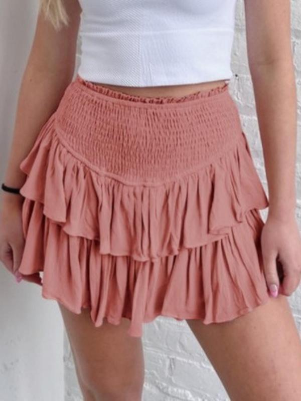 Women's Shirred Tiered Layer Pleated Skirt, Elegant Plain A-Line Skirt For Summer, Ladies Bottoms For Daily Wear