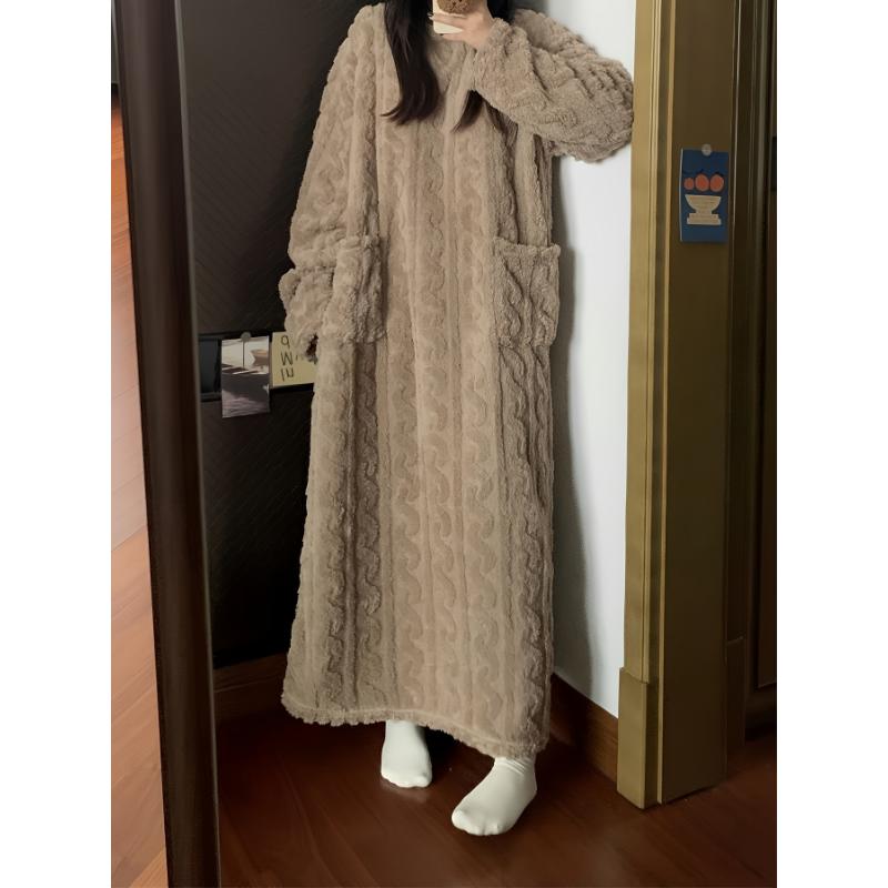 Cozy Long Sleeve Flannel Robe - Women's Warm Loungewear & Dresses for Fall Winter - Soft, Textured, Round Neck, Casual Style