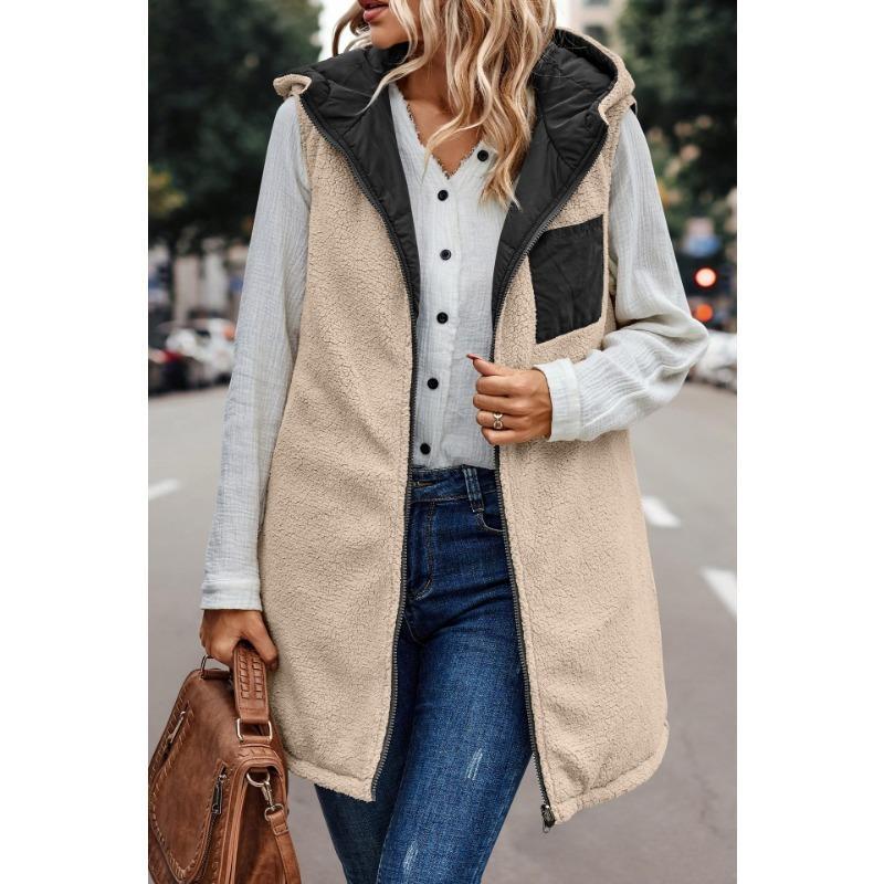 Women's 2024 Fall Reversible Vest Sleeveless Wool Jacket Zipper Hoodie Pocket Long Warm Winter Coat