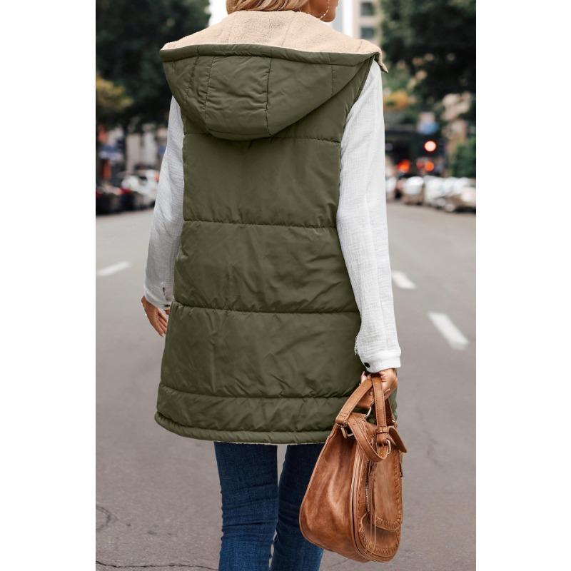 Women's 2024 Fall Reversible Vest Sleeveless Wool Jacket Zipper Hoodie Pocket Long Warm Winter Coat