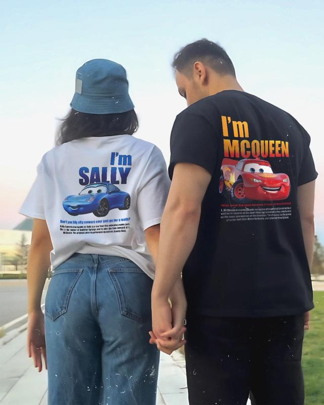 Couple's Matching 1sides T-Shirts, I'm McQueen Shirt, I'm Sally Shirt, Cartoon Car Graphic Tee, Fun Couple Apparel, Cute Matching T-Shirts, Casual Couple Wear