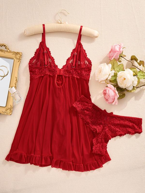 Women's Contrast Lace Bow Decor Cami Nightdress & Panty Sexy Lingerie Two-piece Set, Adjustable Spaghetti Strap Split Hem Nightgown & Panty Set, Ladies Sleepwear for All Seasons