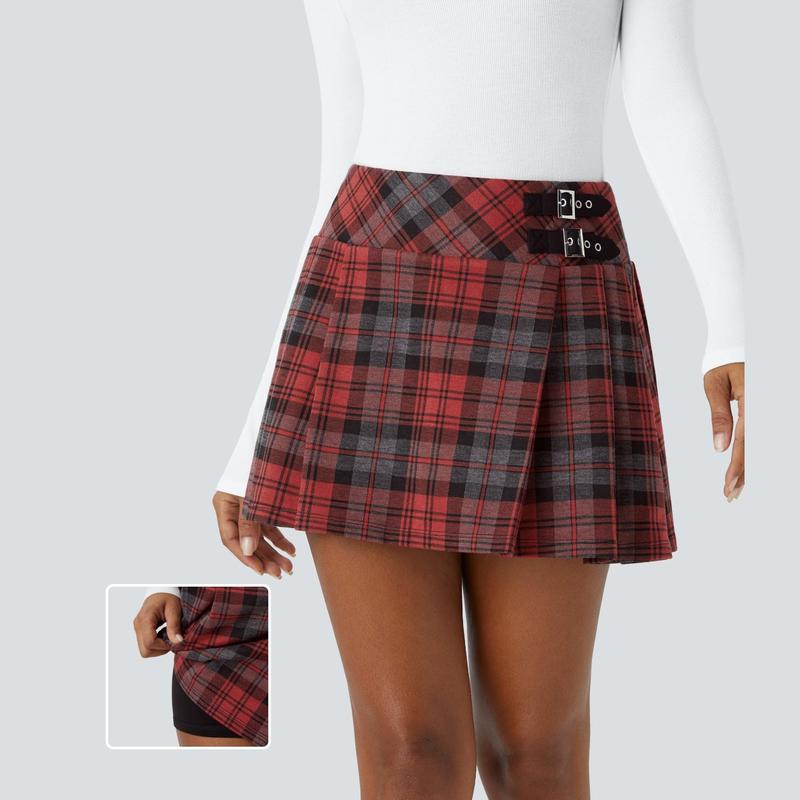 Halara High Waisted Decorative Buckle 2-in-1 Plaid Pleated Mini Casual Skirt