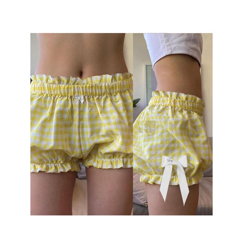 Women Plaid Shorts, Elastic Waist Bowknots Casual Shorts Summer Casual Bloomer Shorts Cotton Light Womenswear Bottom