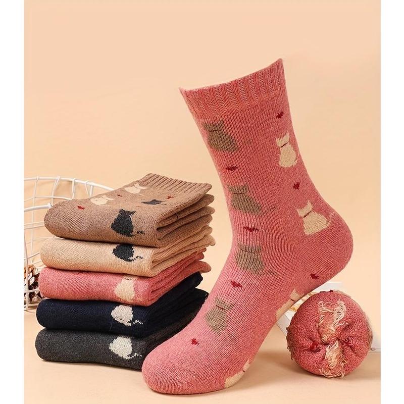 5 Pairs Cartoon Cat Print Socks, Comfy & Warm Mid Tube Socks, Women's Stockings & Hosiery