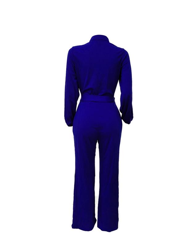 Women's Solid Button Front Belted Straight Leg Jumpsuit, Elegant Bishop Sleeve Pocket Jumpsuit for Work Office Business, Ladies Fall & Winter Clothes, Fall Outfits, Fallfreshness