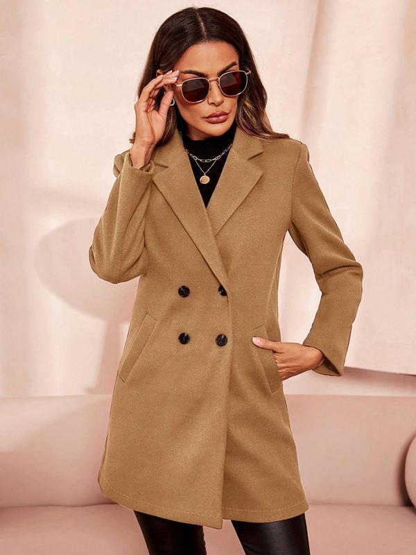 Women's Solid Double Button Pocket Lapel Coat, Casual Long Sleeve Button Front Outerwear for Fall & Winter, Ladies Clothes for Daily Wear