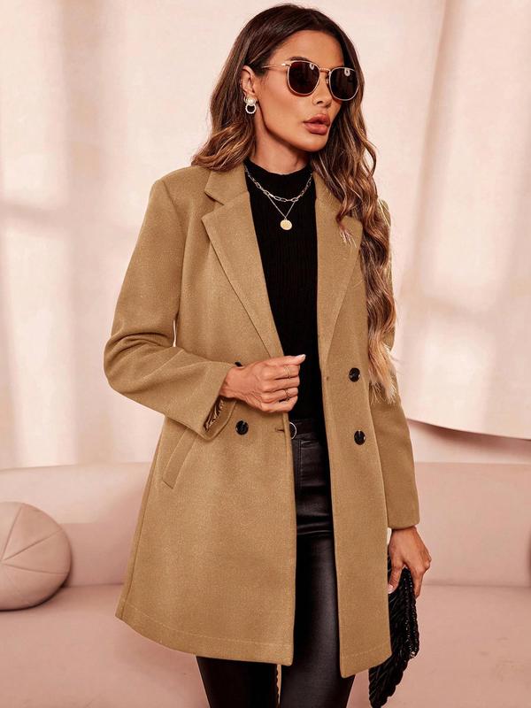 Women's Solid Double Button Pocket Lapel Coat, Casual Long Sleeve Button Front Outerwear for Fall & Winter, Ladies Clothes for Daily Wear