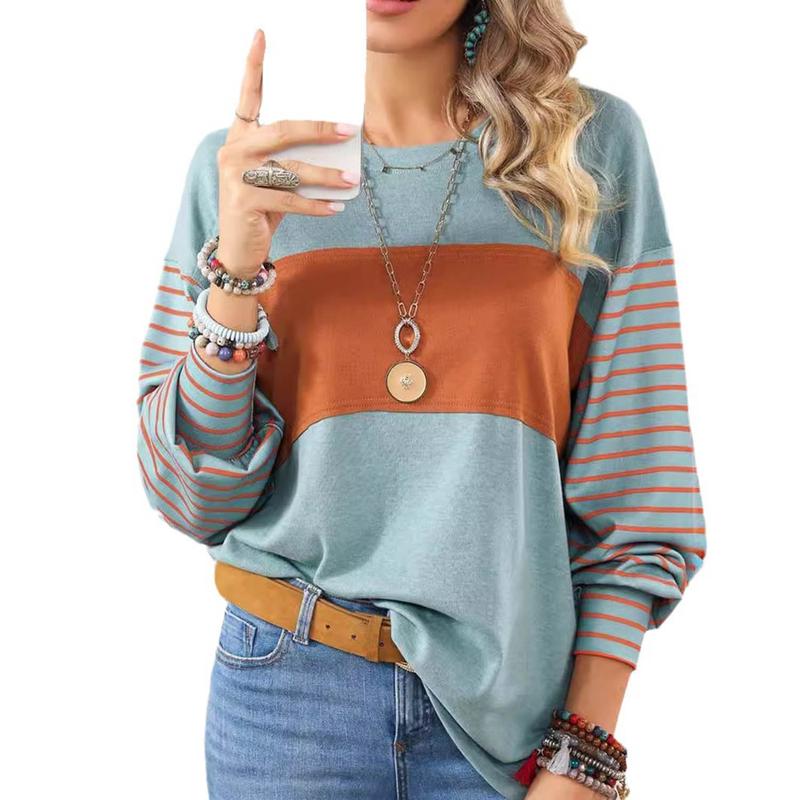 Long Sleeve Fall Tops Oversized 2024 Trendy Round Crew Neck Casual Color Block Womens Shirts Blouses Round Neck Womenswear