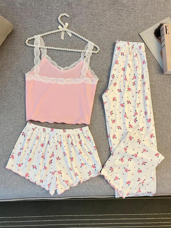 Three-Piece Set Women's Floral Print Contrast Lace Cami Top & Drawstring Shorts & Pants Pyjama Set, Comfy Lettuce Trim Camisole & Shorts & Trousers PJ Set, Ladies Sleepwear for All Seasons