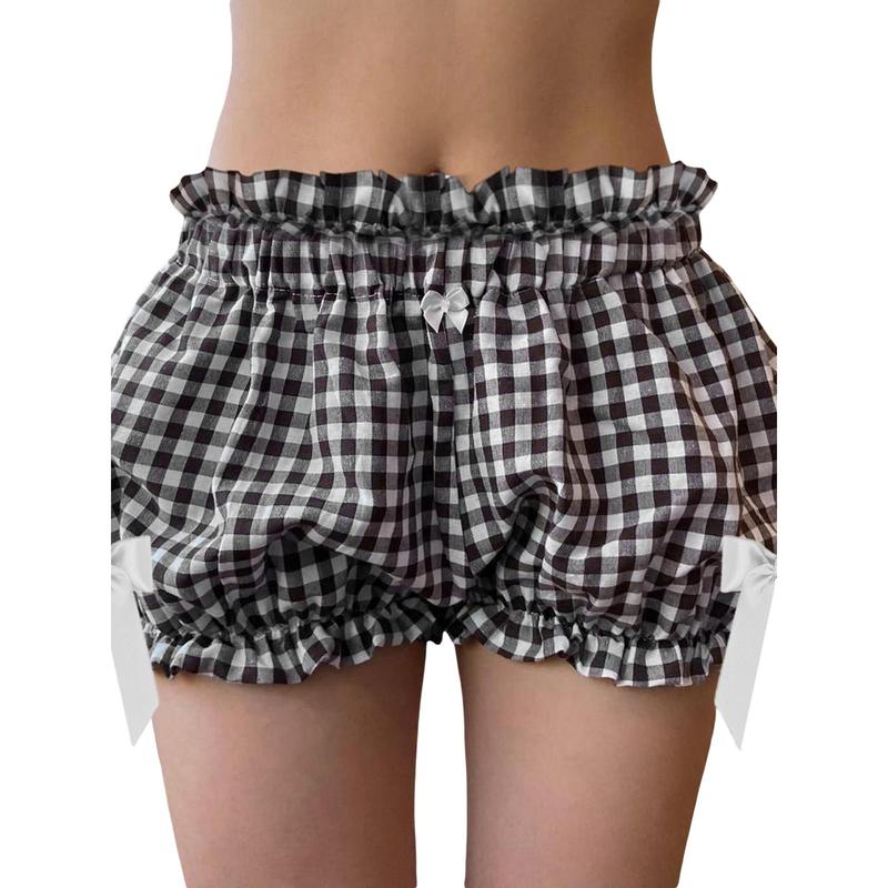 Women Plaid Shorts, Elastic Waist Bowknots Casual Shorts Summer Casual Bloomer Shorts Cotton Light Womenswear Bottom