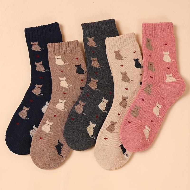 5 Pairs Cartoon Cat Print Socks, Comfy & Warm Mid Tube Socks, Women's Stockings & Hosiery