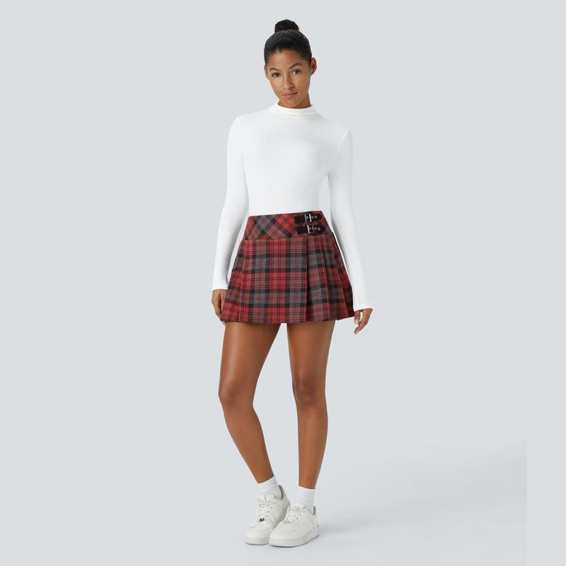 Halara High Waisted Decorative Buckle 2-in-1 Plaid Pleated Mini Casual Skirt