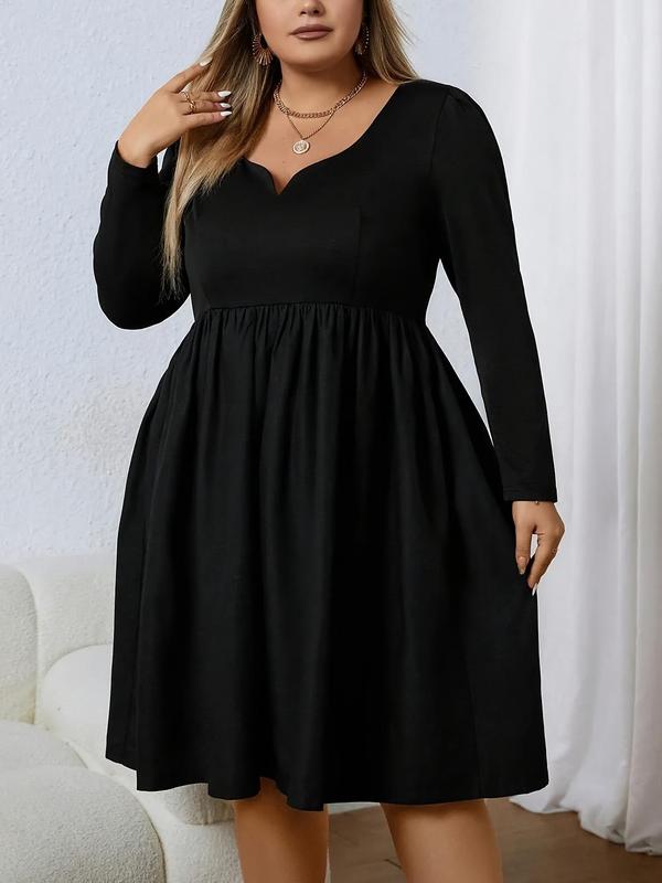 Plus Size Solid Sweetheart Neck A Line Dress, Casual Long Sleeve High Waist Dress for Spring & Fall, Women's Plus Size Clothes for Daily Wear