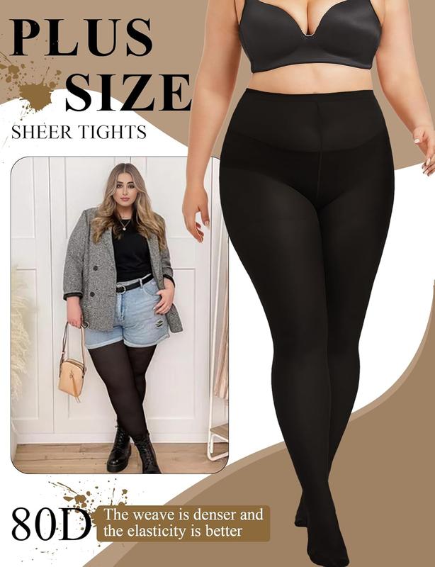 Plus Size 80D Black Tights for Women - Opaque Stockings, Run Resistant Pantyhose, High  Control Top(1 pair)