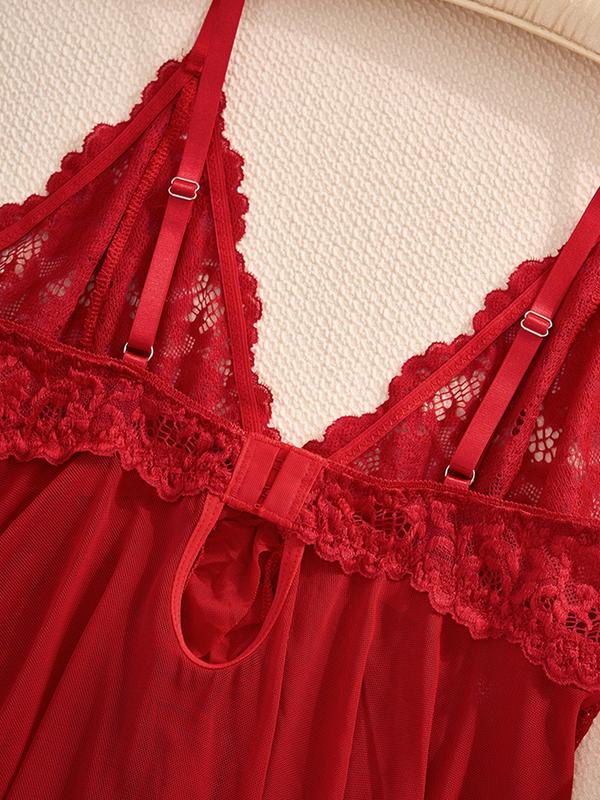 Women's Contrast Lace Bow Decor Cami Nightdress & Panty Sexy Lingerie Two-piece Set, Adjustable Spaghetti Strap Split Hem Nightgown & Panty Set, Ladies Sleepwear for All Seasons