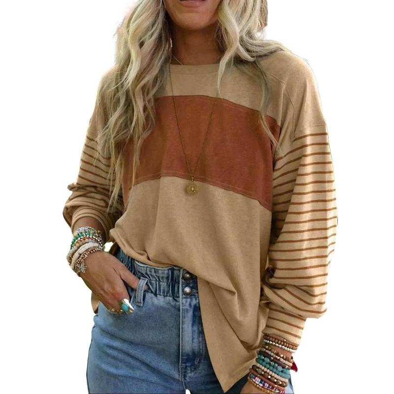 Long Sleeve Fall Tops Oversized 2024 Trendy Round Crew Neck Casual Color Block Womens Shirts Blouses Round Neck Womenswear