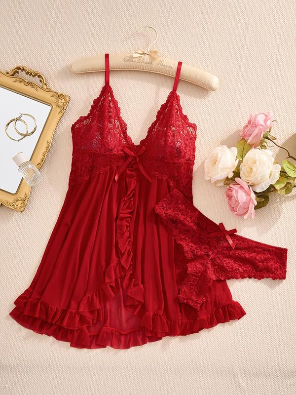 Women's Contrast Lace Bow Decor Cami Nightdress & Panty Sexy Lingerie Two-piece Set, Adjustable Spaghetti Strap Split Hem Nightgown & Panty Set, Ladies Sleepwear for All Seasons