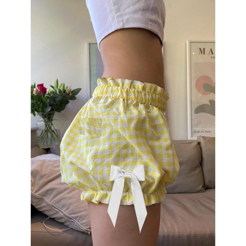 Women Plaid Shorts, Elastic Waist Bowknots Casual Shorts Summer Casual Bloomer Shorts Cotton Light Womenswear Bottom