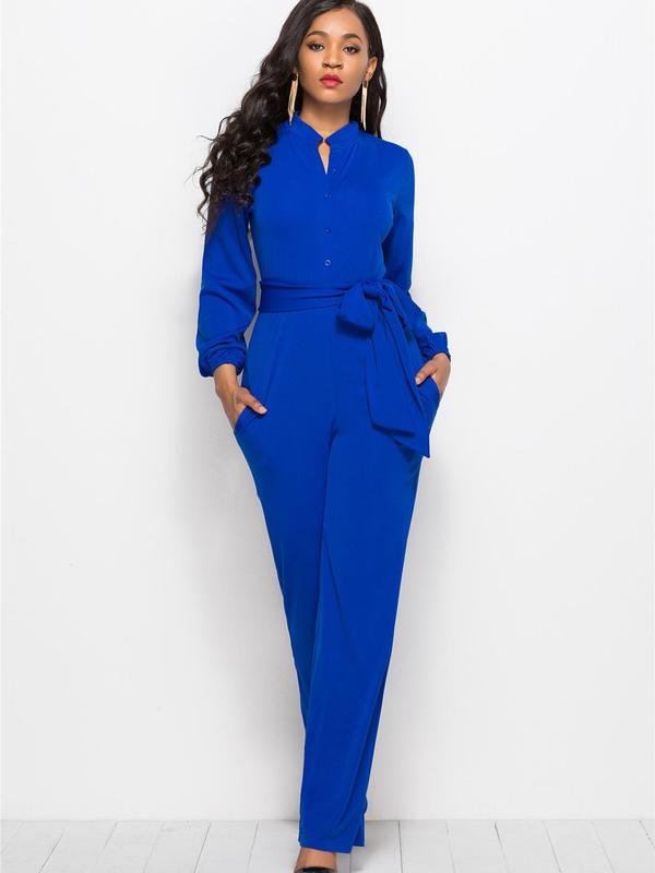 Women's Solid Button Front Belted Straight Leg Jumpsuit, Elegant Bishop Sleeve Pocket Jumpsuit for Work Office Business, Ladies Fall & Winter Clothes, Fall Outfits, Fallfreshness