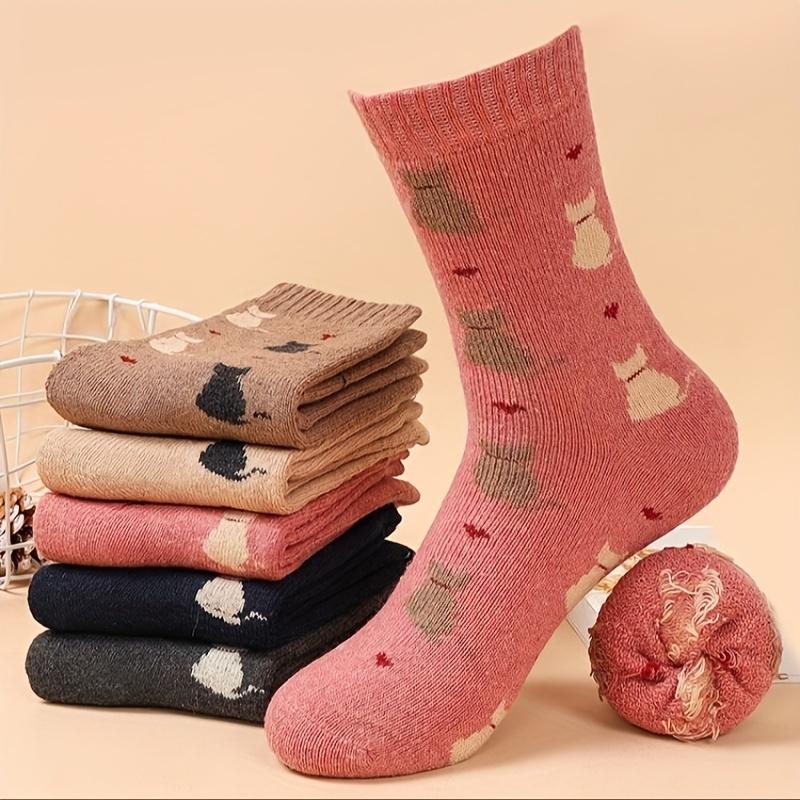 5 Pairs Cartoon Cat Print Socks, Comfy & Warm Mid Tube Socks, Women's Stockings & Hosiery