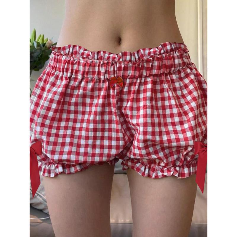 Women Plaid Shorts, Elastic Waist Bowknots Casual Shorts Summer Casual Bloomer Shorts Cotton Light Womenswear Bottom