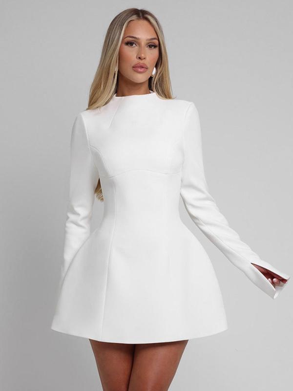 Women's Solid Long Sleeve A Line Dress, Fashion Casual Short Dress for Daily Outdoor Wear, Women Dress for Spring Fall