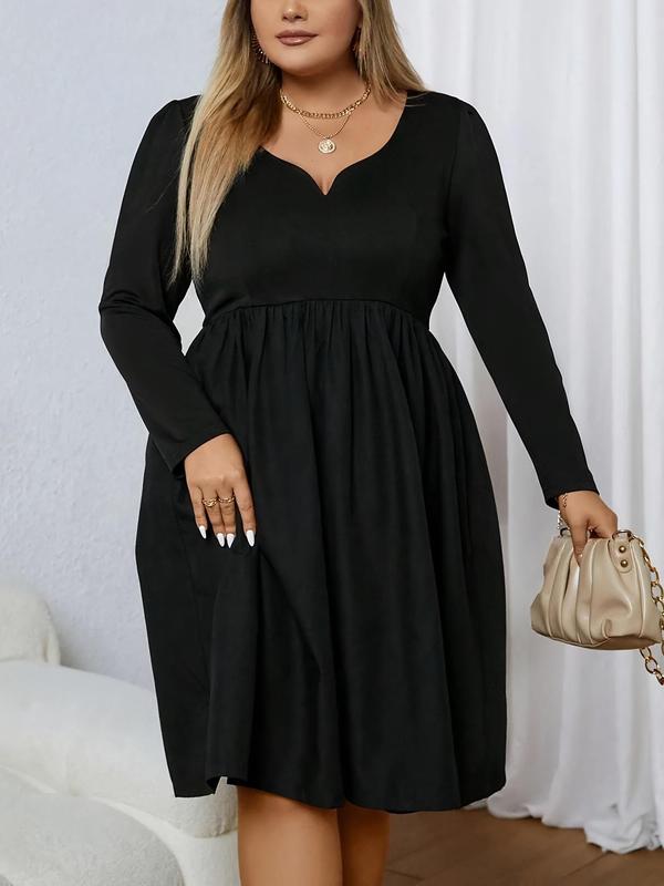 Plus Size Solid Sweetheart Neck A Line Dress, Casual Long Sleeve High Waist Dress for Spring & Fall, Women's Plus Size Clothes for Daily Wear