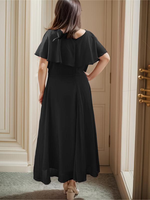 Plus Size Plain Zipper Back Wrap Butterfly Sleeve V Neck A Line Dress, Elegant Short Sleeve Surplice Neck High Waist Dress for Party Holiday Wedding Guest, Women's Plus Clothing for Summer