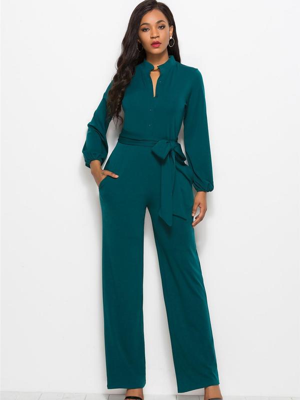 Women's Solid Button Front Belted Straight Leg Jumpsuit, Elegant Bishop Sleeve Pocket Jumpsuit for Work Office Business, Ladies Fall & Winter Clothes, Fall Outfits, Fallfreshness