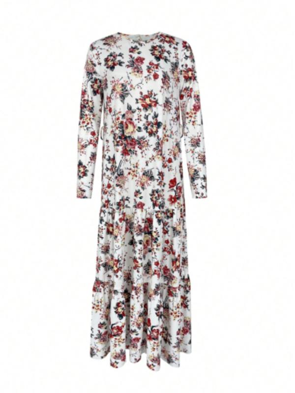 Women's Ditsy Floral Print Keyhole Neckline A Line Dress, Elegant Long Sleeve Maxi Dress for Party Holiday Wedding Guest, Ladies Clothes for All Seasons