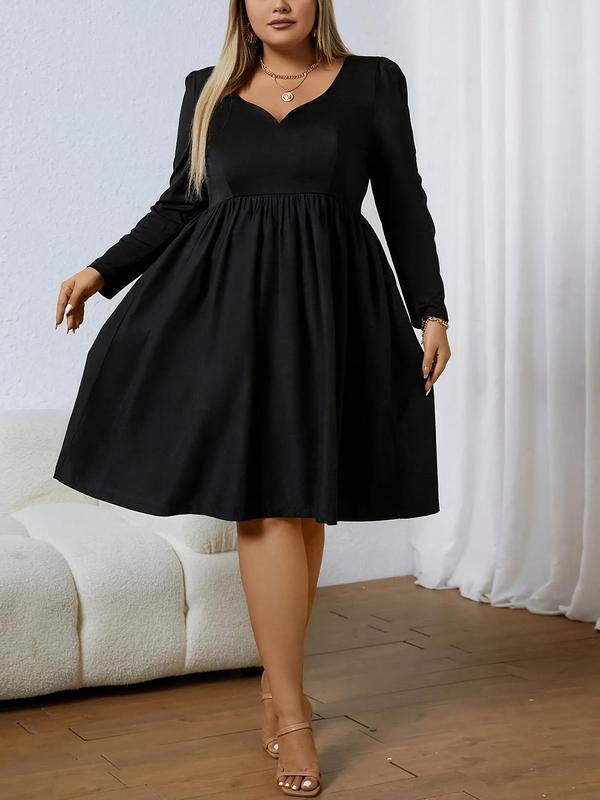 Plus Size Solid Sweetheart Neck A Line Dress, Casual Long Sleeve High Waist Dress for Spring & Fall, Women's Plus Size Clothes for Daily Wear