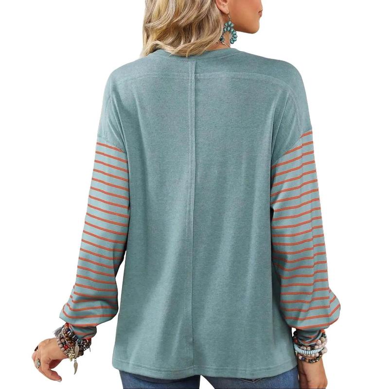 Long Sleeve Fall Tops Oversized 2024 Trendy Round Crew Neck Casual Color Block Womens Shirts Blouses Round Neck Womenswear