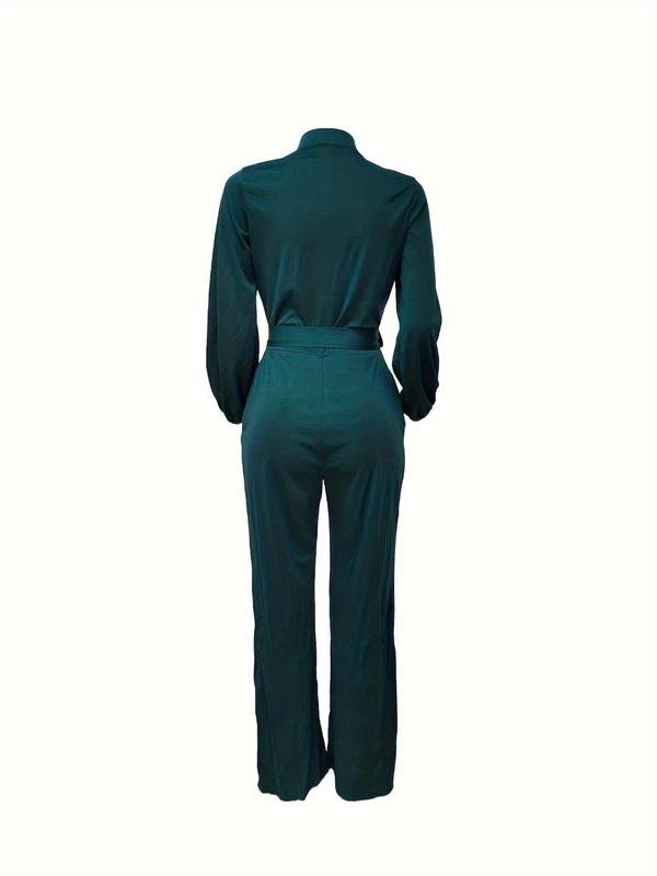 Women's Solid Button Front Belted Straight Leg Jumpsuit, Elegant Bishop Sleeve Pocket Jumpsuit for Work Office Business, Ladies Fall & Winter Clothes, Fall Outfits, Fallfreshness