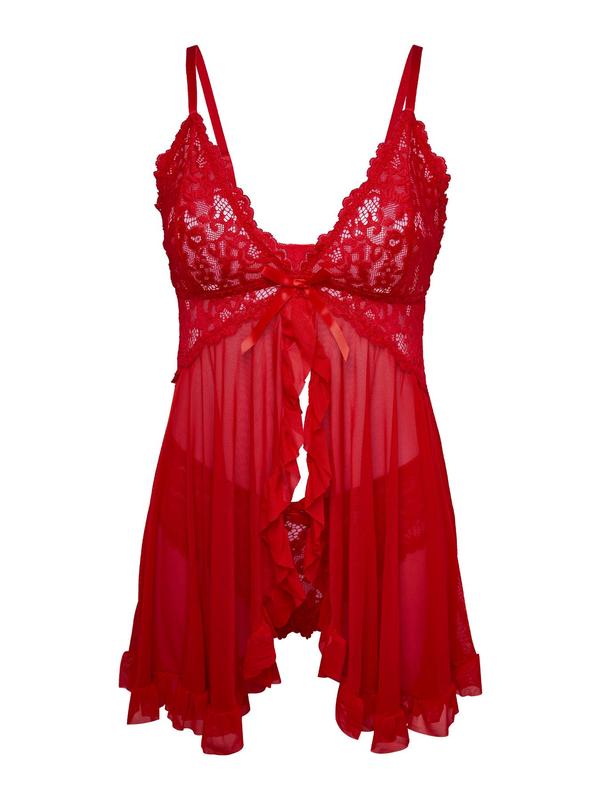 Women's Contrast Lace Bow Decor Cami Nightdress & Panty Sexy Lingerie Two-piece Set, Adjustable Spaghetti Strap Split Hem Nightgown & Panty Set, Ladies Sleepwear for All Seasons