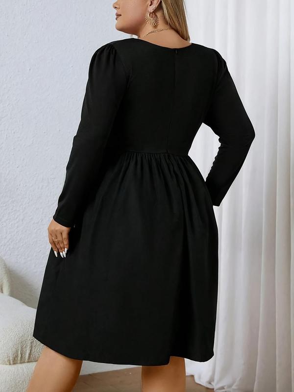 Plus Size Solid Sweetheart Neck A Line Dress, Casual Long Sleeve High Waist Dress for Spring & Fall, Women's Plus Size Clothes for Daily Wear