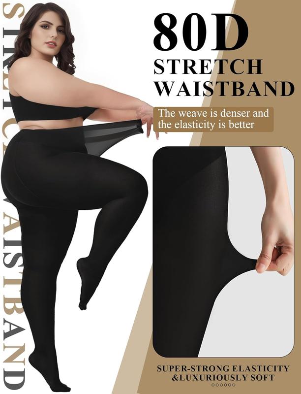 Plus Size 80D Black Tights for Women - Opaque Stockings, Run Resistant Pantyhose, High  Control Top(1 pair)