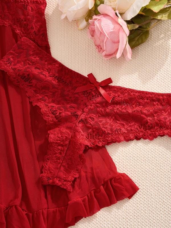 Women's Contrast Lace Bow Decor Cami Nightdress & Panty Sexy Lingerie Two-piece Set, Adjustable Spaghetti Strap Split Hem Nightgown & Panty Set, Ladies Sleepwear for All Seasons