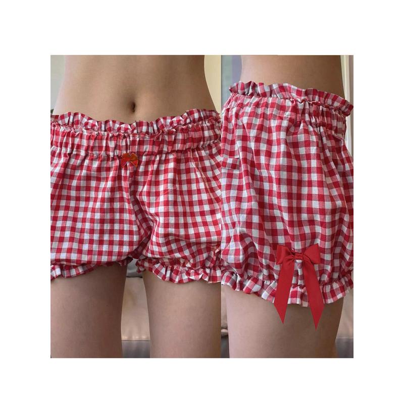 Women Plaid Shorts, Elastic Waist Bowknots Casual Shorts Summer Casual Bloomer Shorts Cotton Light Womenswear Bottom