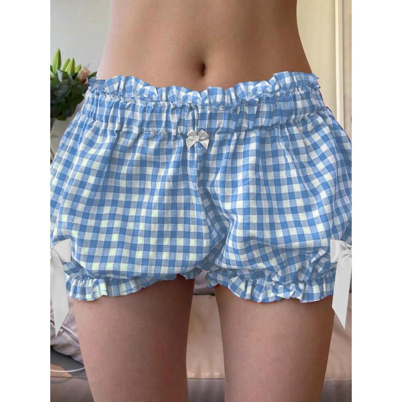 Women Plaid Shorts, Elastic Waist Bowknots Casual Shorts Summer Casual Bloomer Shorts Cotton Light Womenswear Bottom