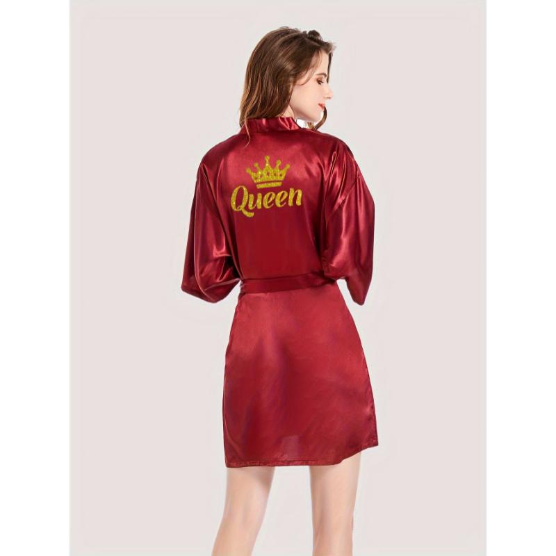 Queenly Chic - 3 4 Sleeve V-Neck Night Robe with Belt, Soft Womens Sleepwear featuring Letter Pattern for a Stylish Evening Comfort