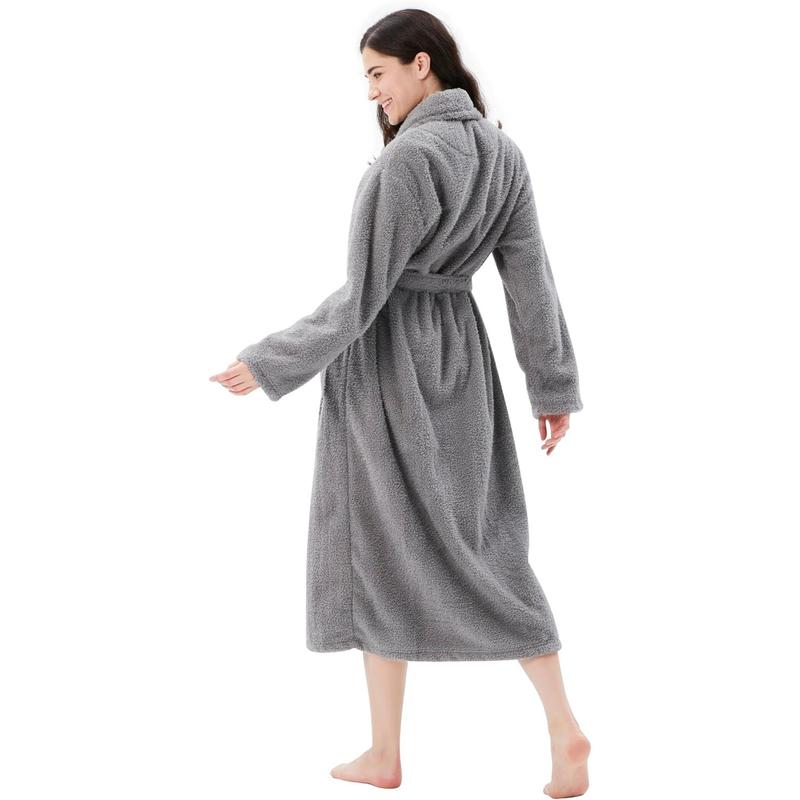 Women's Fleece Bathrobe Shawl Collar and Hooded,Lounge Sleepwear Robe Side Pockets