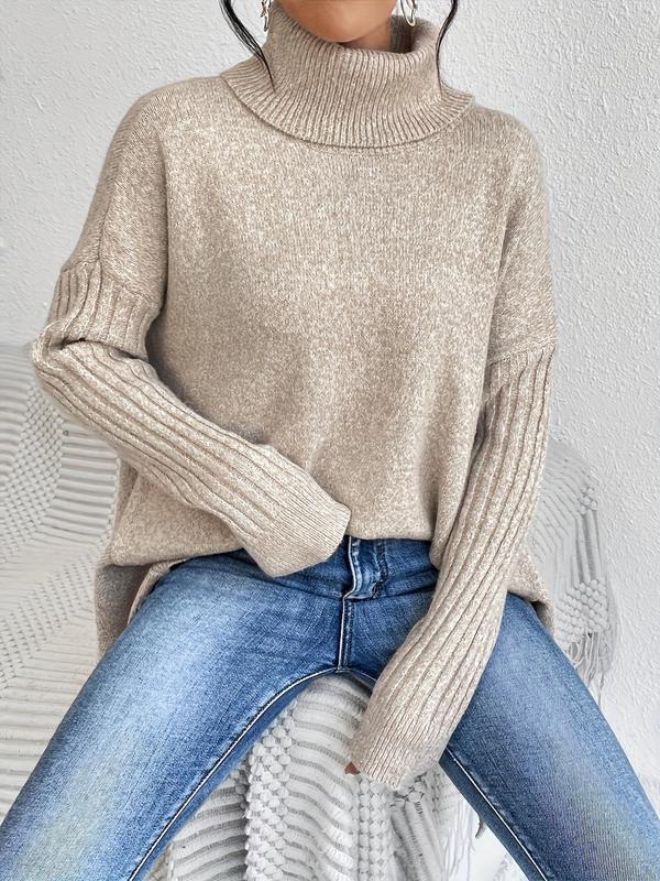 Women's Plain Asymmetrical Hem Turtleneck Sweater, Casual Long Sleeve Drop Shoulder Jumper for Fall & Winter, Women's Knitwear for Daily Wear