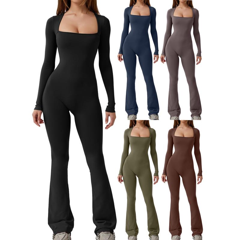 Women Jumpsuit, Long Sleeve Square Neck SolidFit Ladies Fall Romper Clubwear